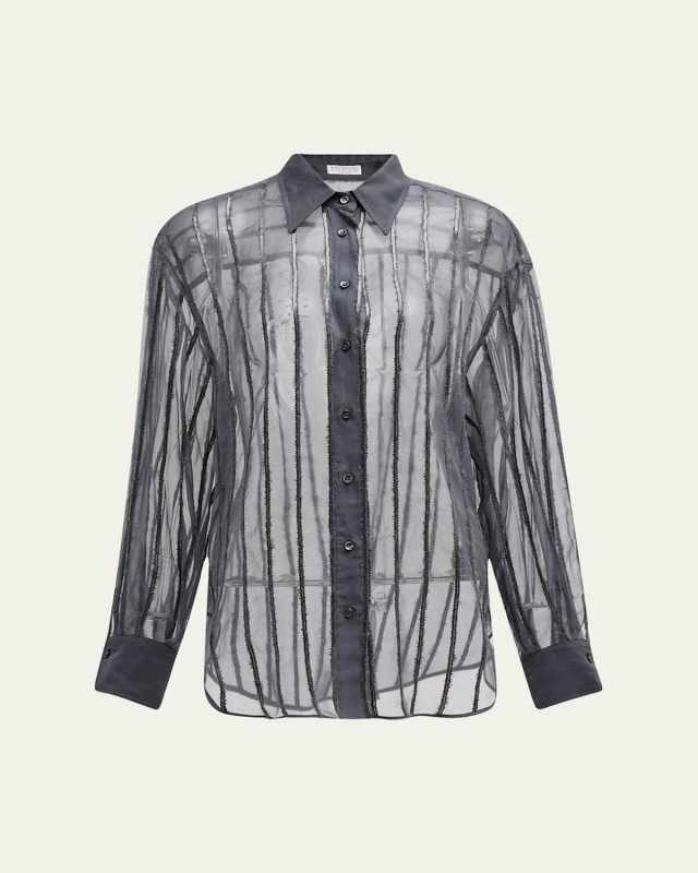 Sequin Wool Striped Crispy Silk Boyfriend Shirt